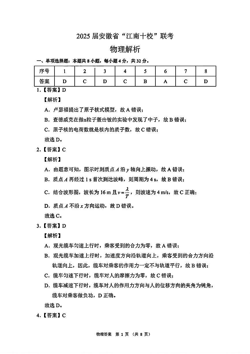 安徽省江南十校2025届高三3月联考 物理答案.pdf第1页