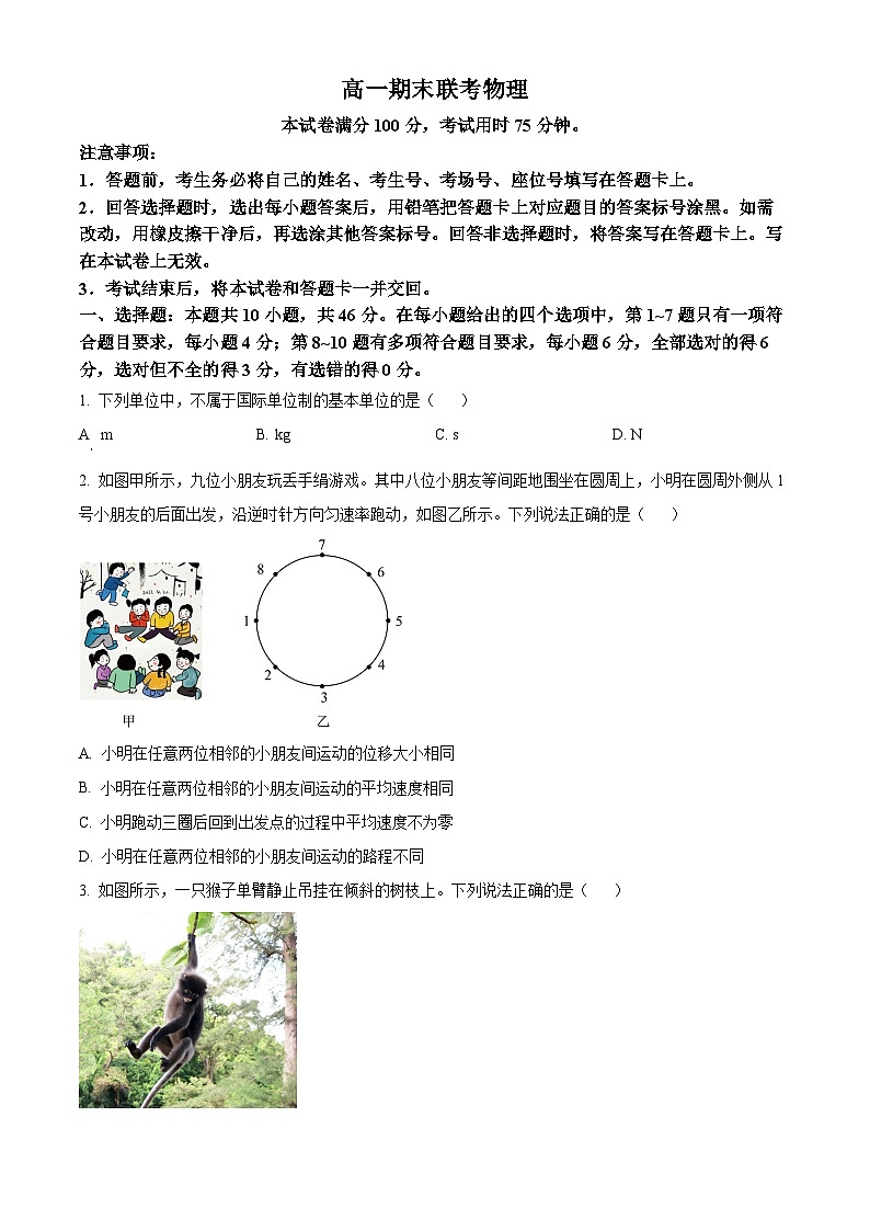 山西省晋城市2024-2025学年高一上学期1月期末物理试题  Word版无答案第1页