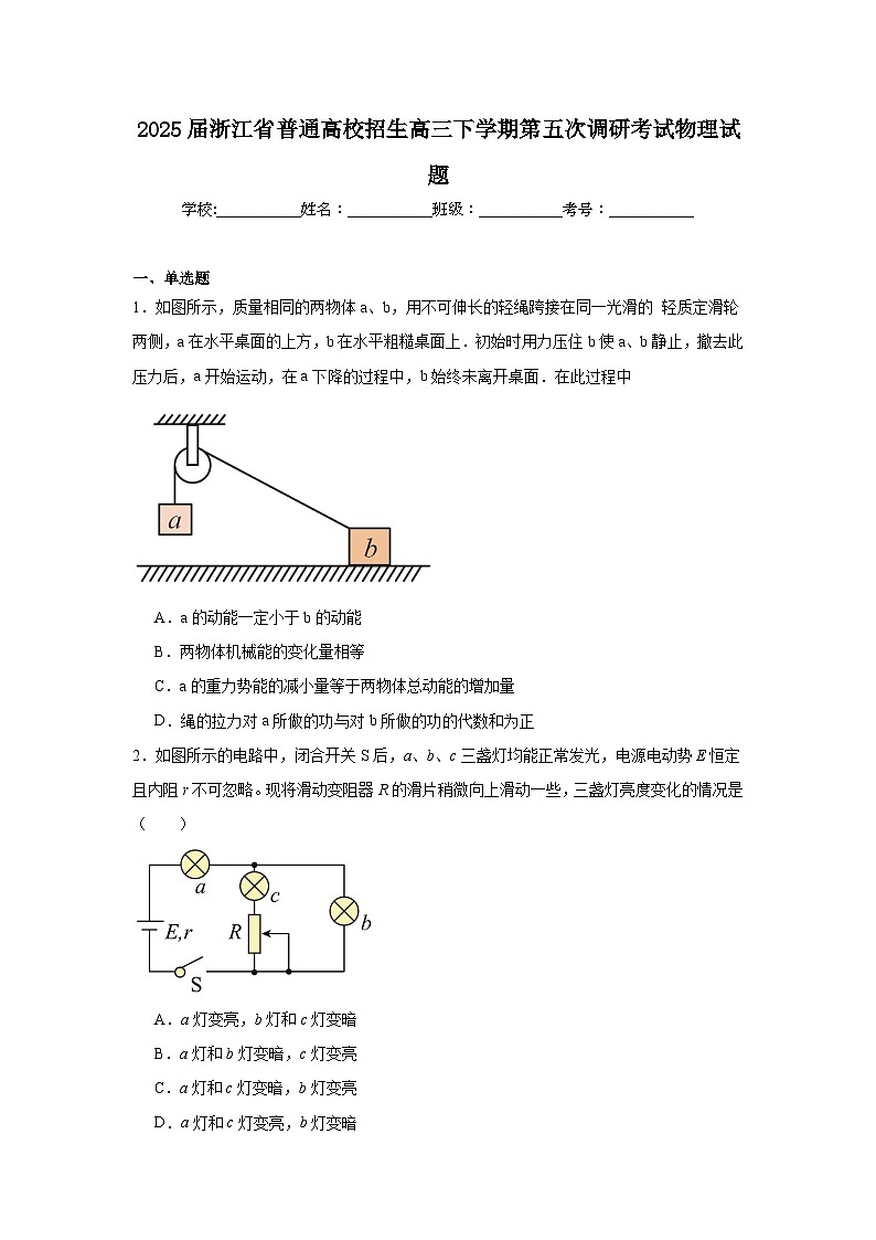 2025届浙江省普通高校招生高三下学期第五次调研考试物理试题第1页