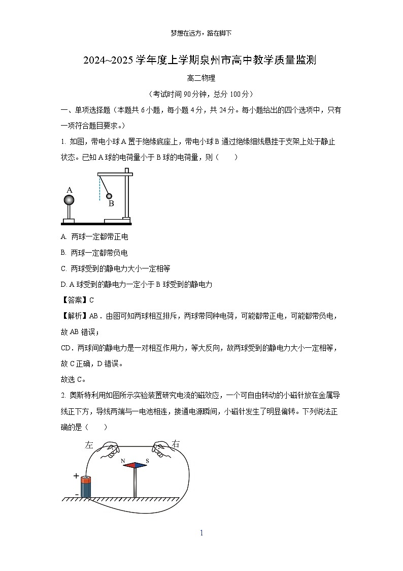 2024-2025学年福建省泉州市高二上学期1月期末考试物理试卷（解析版）第1页