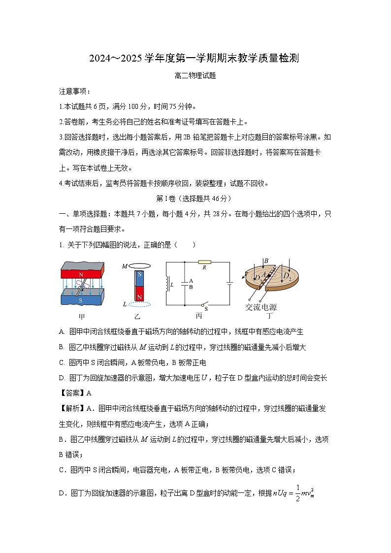2024~2025学年陕西省咸阳市高二上学期期末教学质量检测物理试卷（解析版）第1页