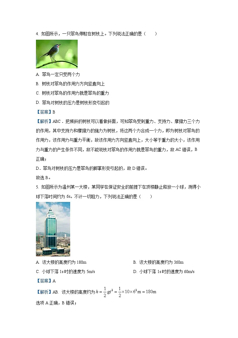 2024~2025学年浙江省温州市高一上学期期末教学质量统一检测（A ）物理试卷（解析版）第3页