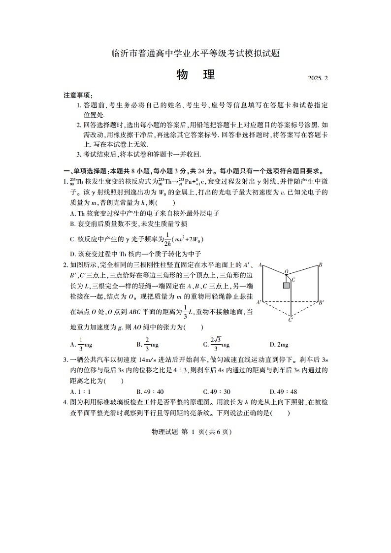 2025届山东省临沂市高三下学期一模考试（图片版）物理试卷第1页