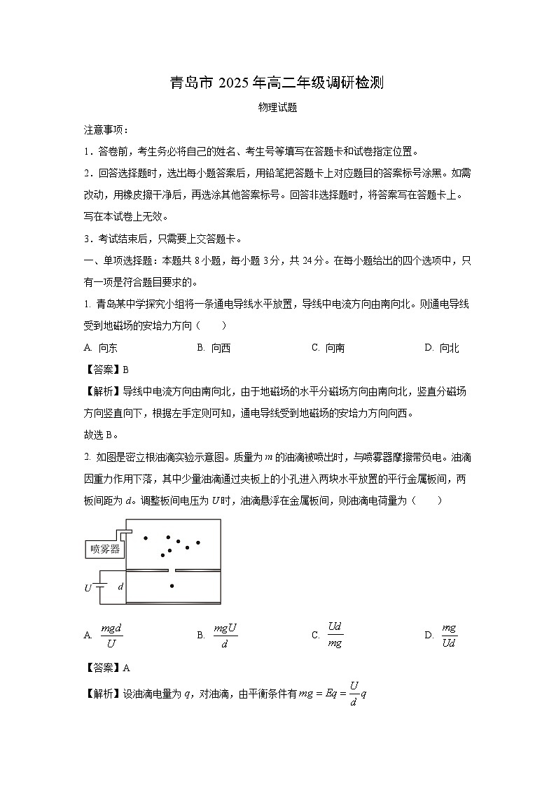 山东省青岛市2024-2025学年高二上学期期末调研检测物理试卷（解析版）第1页