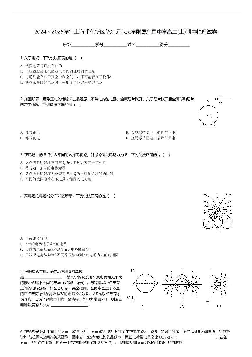 2024～2025学年上海浦东新区华东师范大学附属东昌中学高二(上)期中物理试卷(含解析)第1页