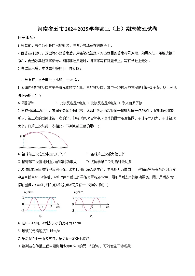 河南省五市2024-2025学年高三（上）期末物理试卷-普通用卷第1页