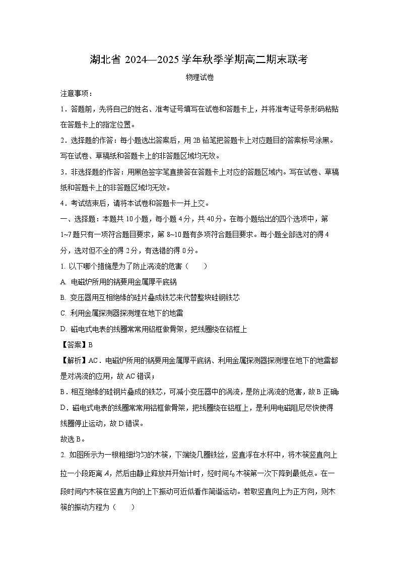 2024-2025学年湖北省高二上学期1月期末物理试卷（解析版）第1页