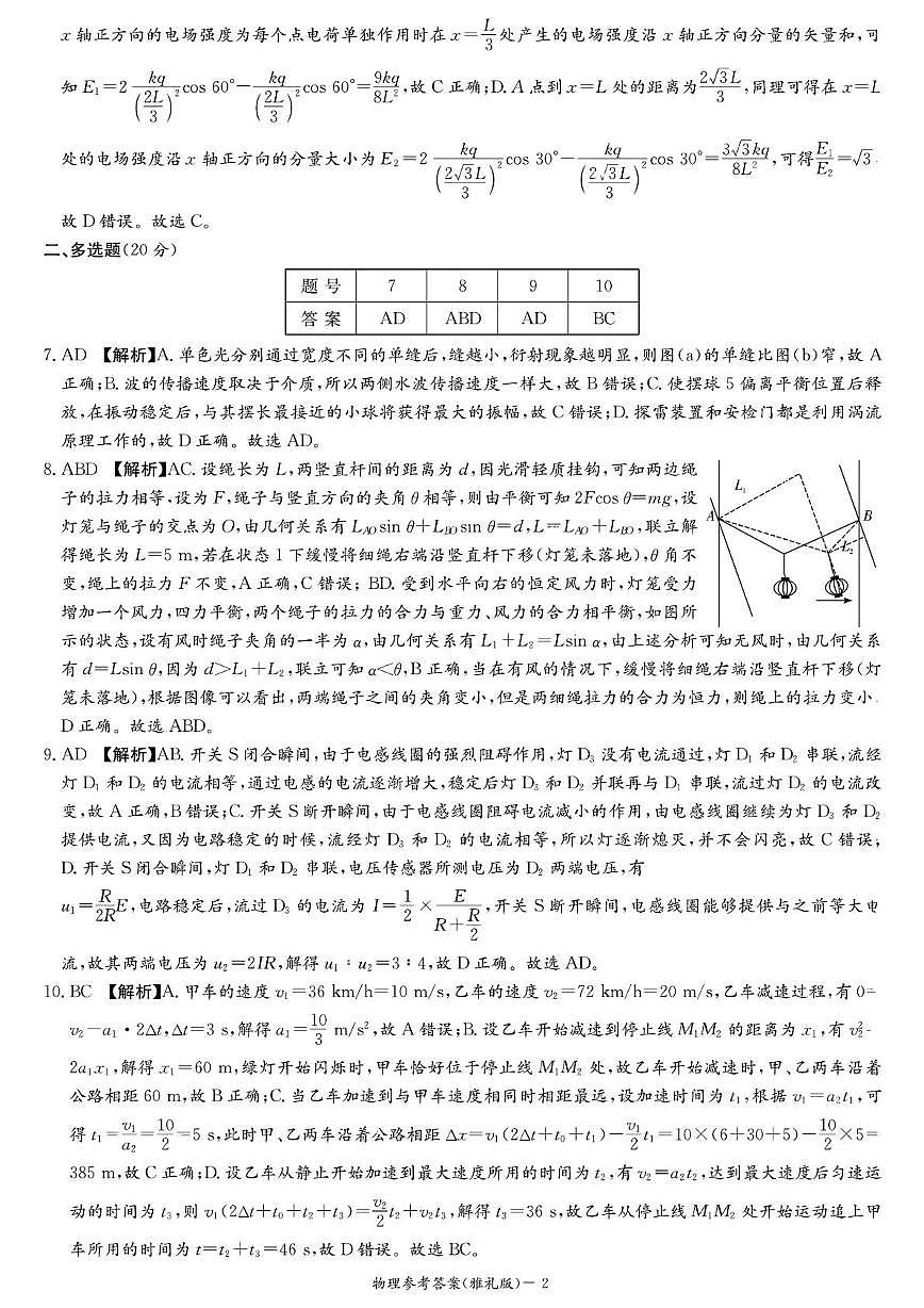 2025届雅礼中学高三下月考七物理试卷 扫描件_物理参考答案第2页