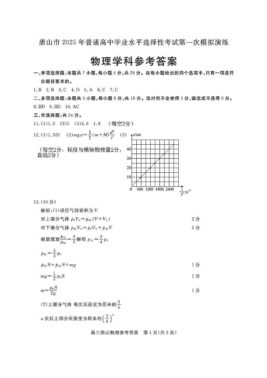 2025届河北省唐山市一模物理答案第1页