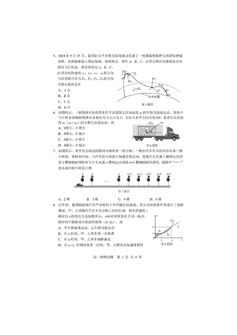 2024-2025学年上学期浙江省宁波市高一期末物理试题含答案第2页