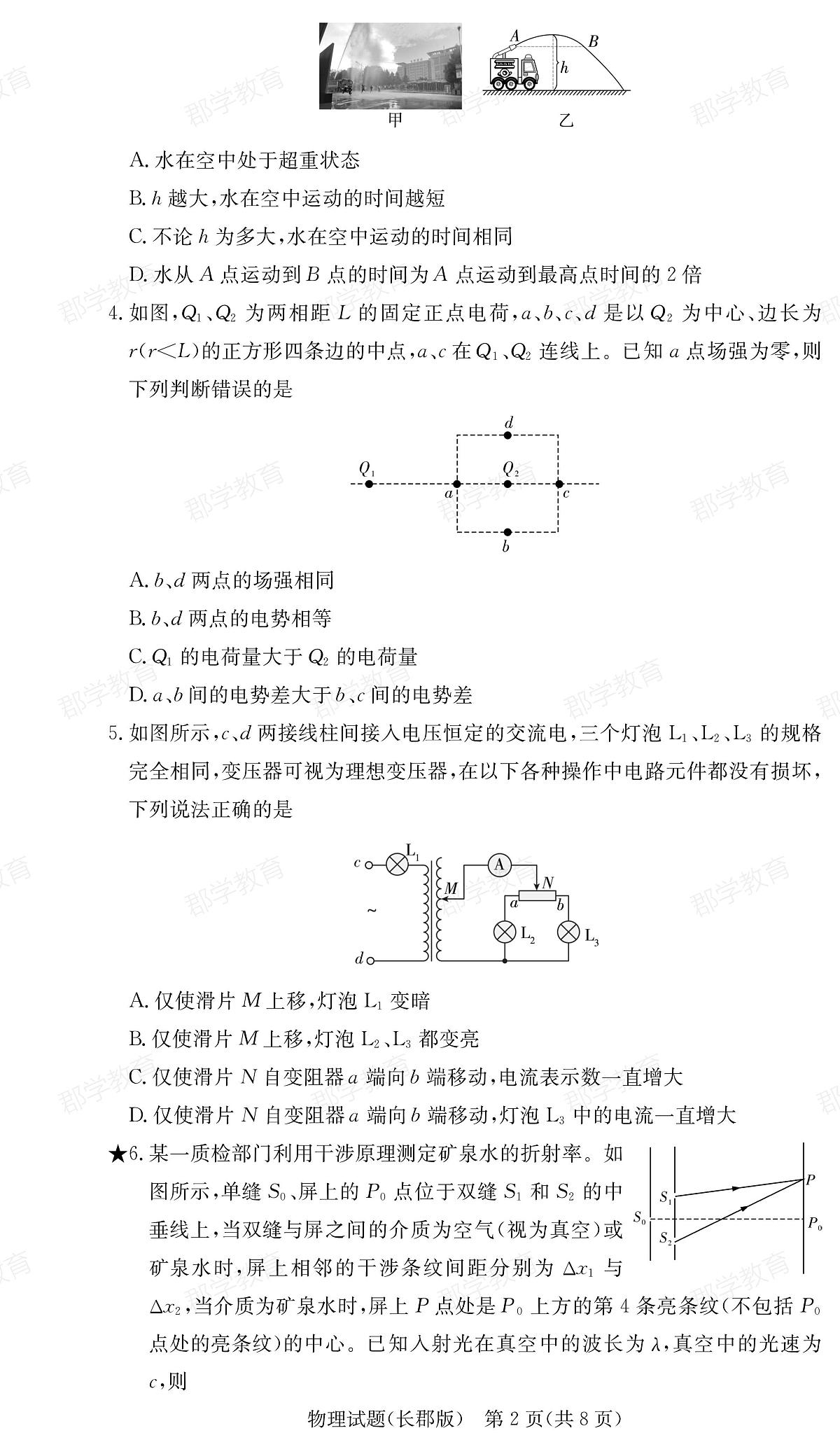 湖南省长郡中学2025届高三月考试卷（六）物理第2页