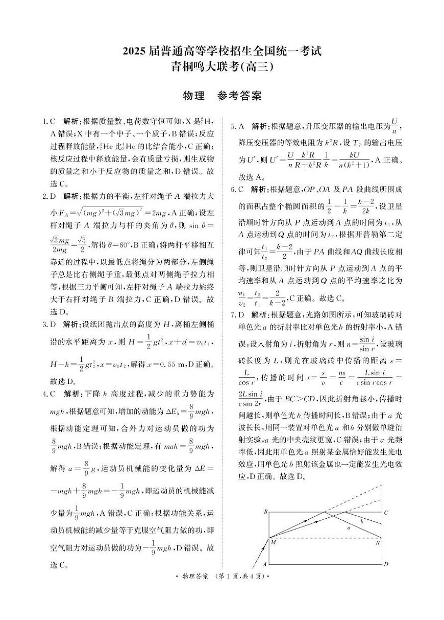 2025届河南省青桐鸣联考模拟预测物理试题及答案 3月高三联考物理答案第1页