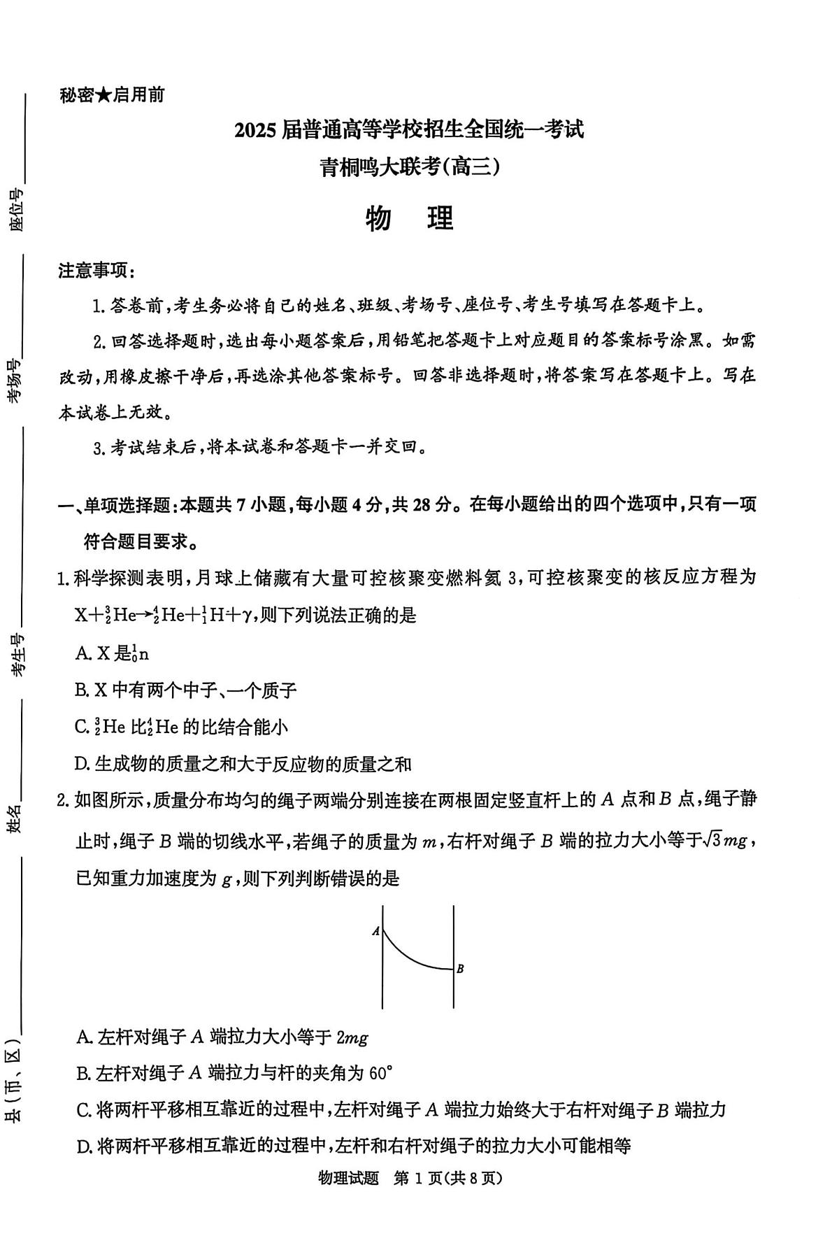 2025届河南青桐鸣联考高三下学期模拟预测物理试题（含答案）第1页
