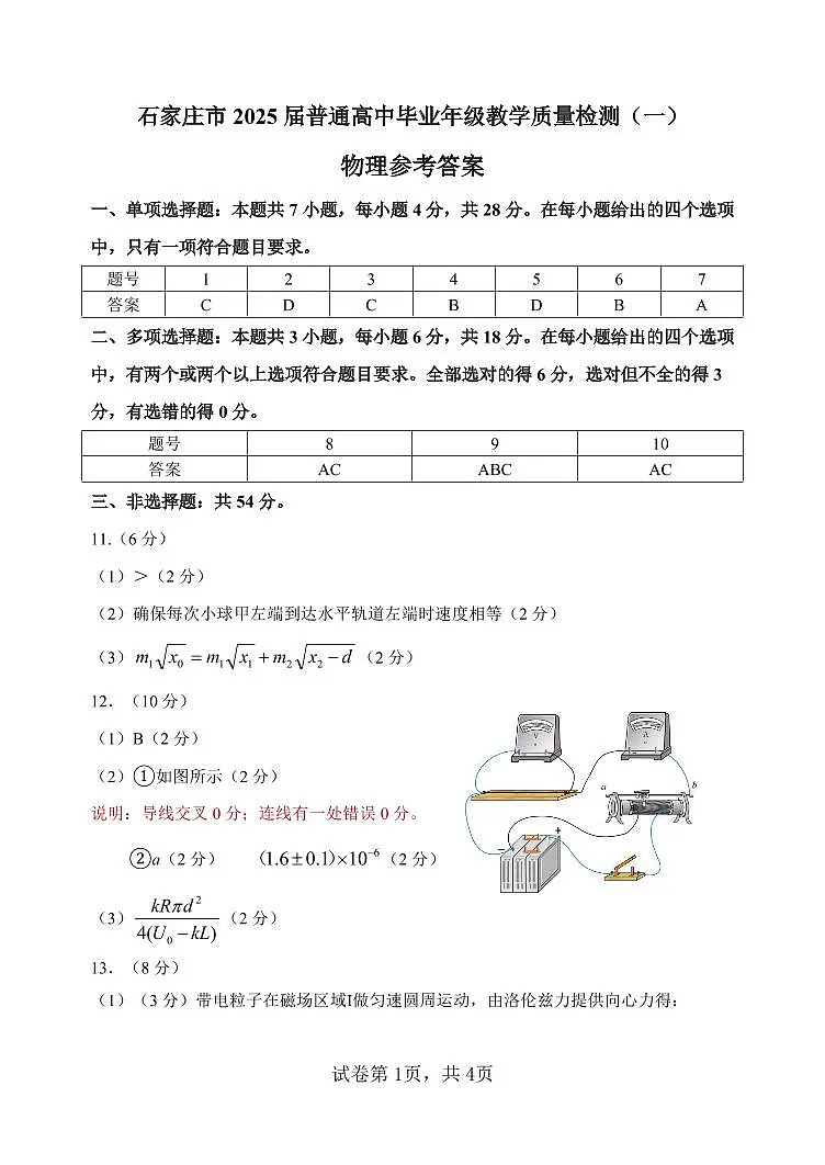 2025届质检（一）物理参考答案第1页