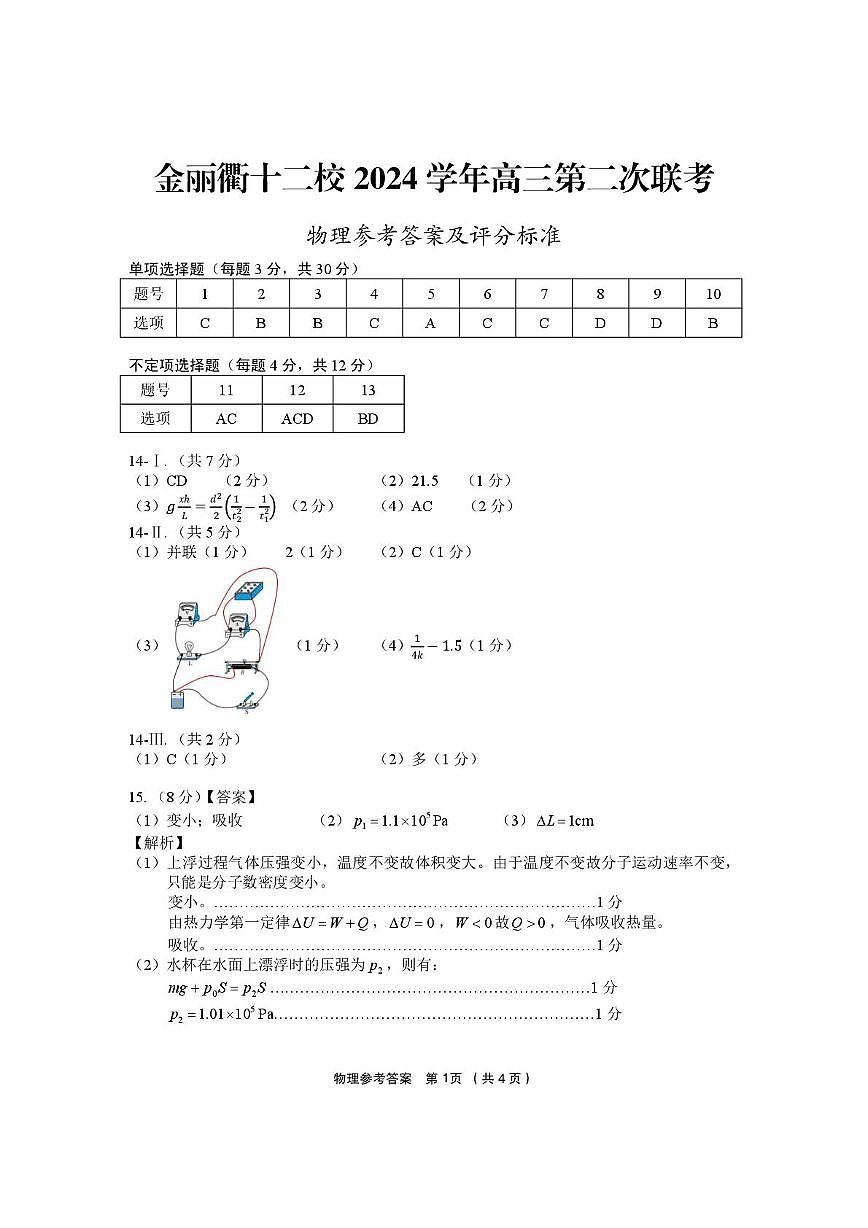 2025届浙江金丽衢十二校高三下学期二模物理答案第1页