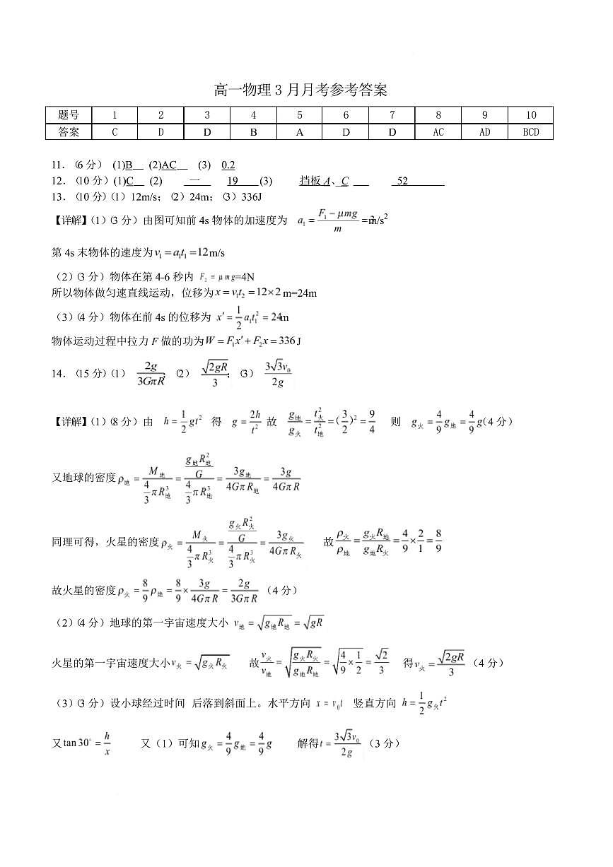 湖北汉阳一中、江夏一中、洪山高中2024-2025学年高一下学期3月联考物理答案第1页
