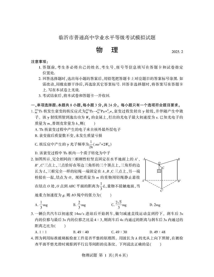 物理丨山东省临沂市2025届高三下学期3月第一次模拟考试物理试卷及答案第1页