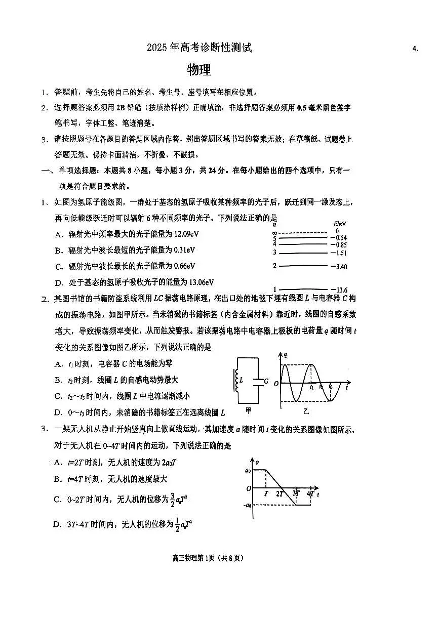 2025 年山东烟台、德州、东营高考诊断性测试（一模）物理（含答案）第1页