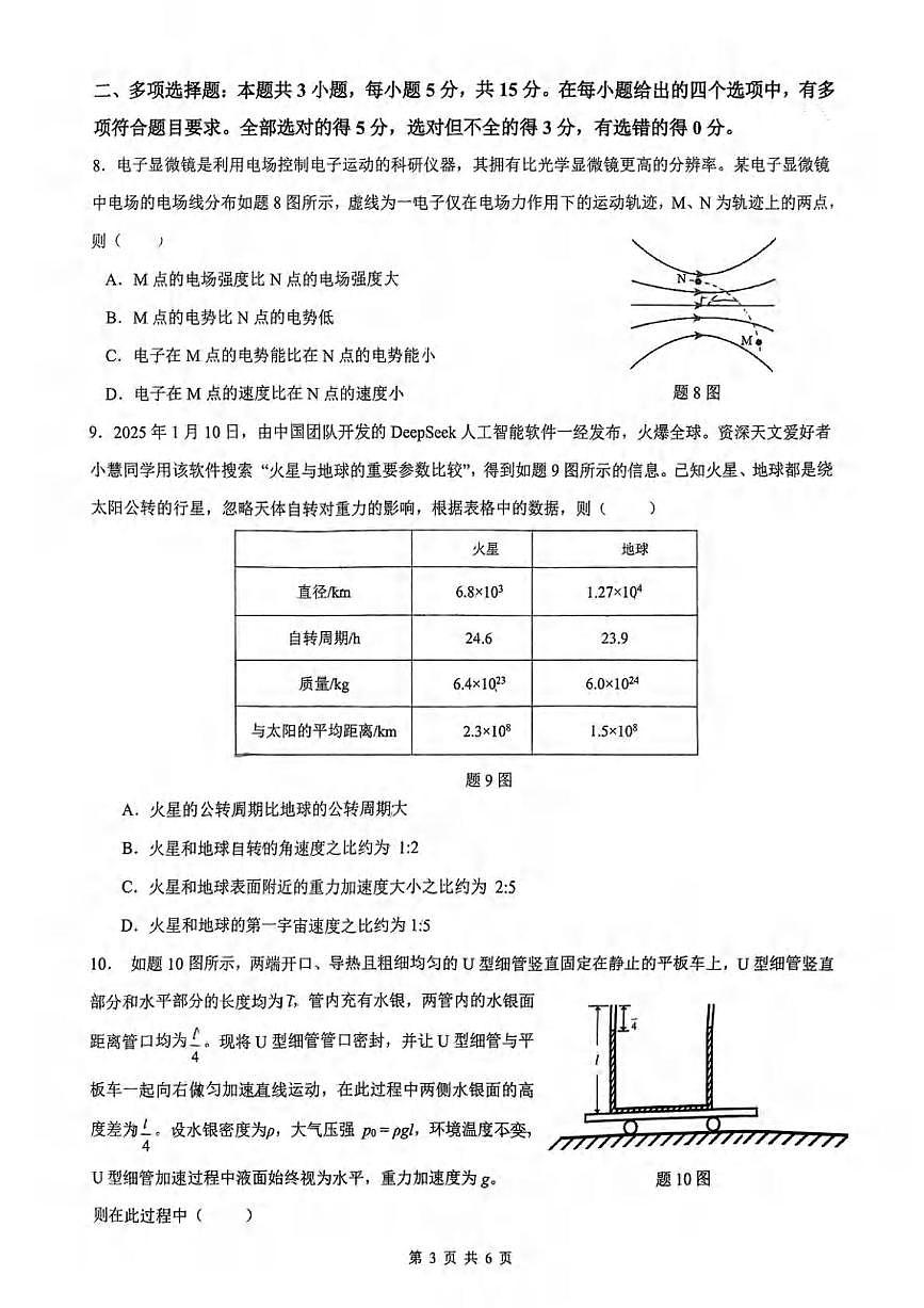 重庆西南大学附中2025届高三下学期3月月考-物理试题+答案第3页