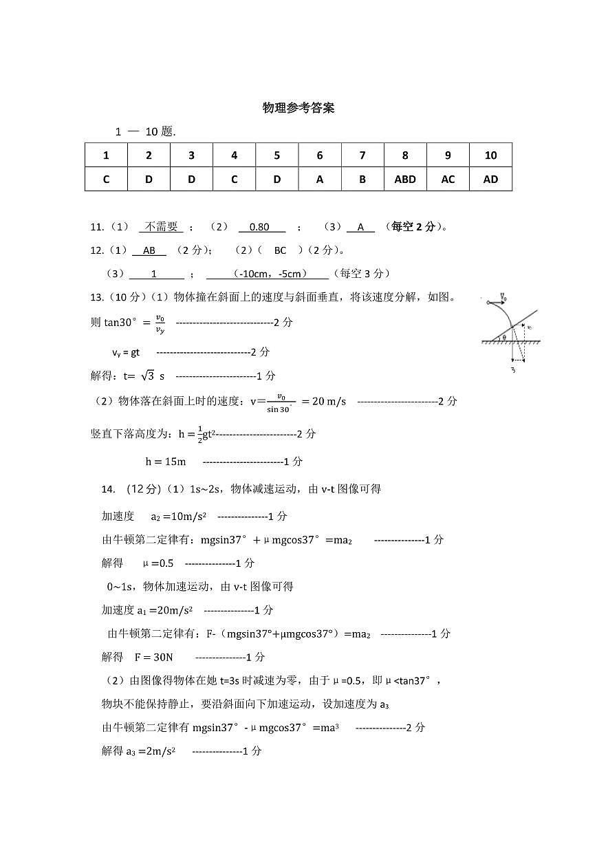 高一下期入学考试物理参考答案第1页
