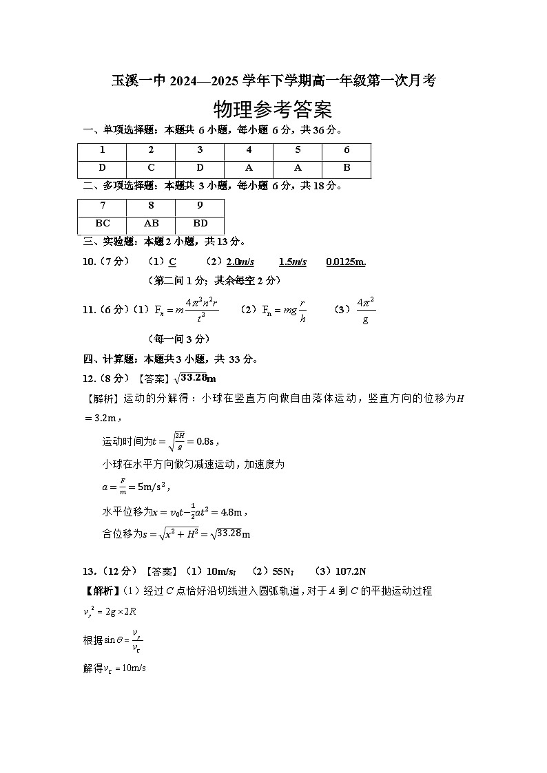2027届高一下学期第一次月考物理答案第1页