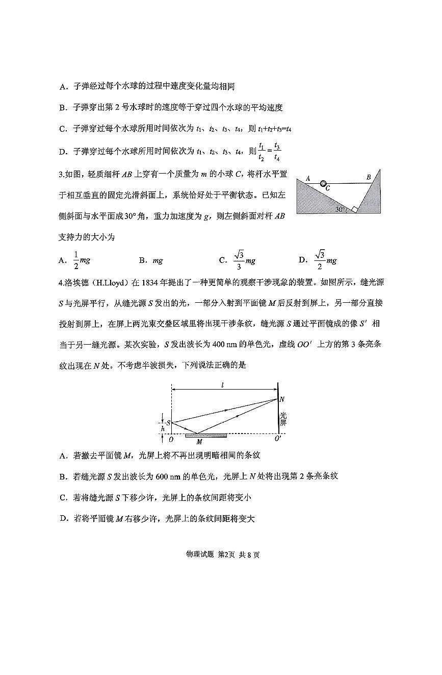 2025届山东省实验中学高三第五次诊断高考模拟（3月一模）-物理试题+答案第2页