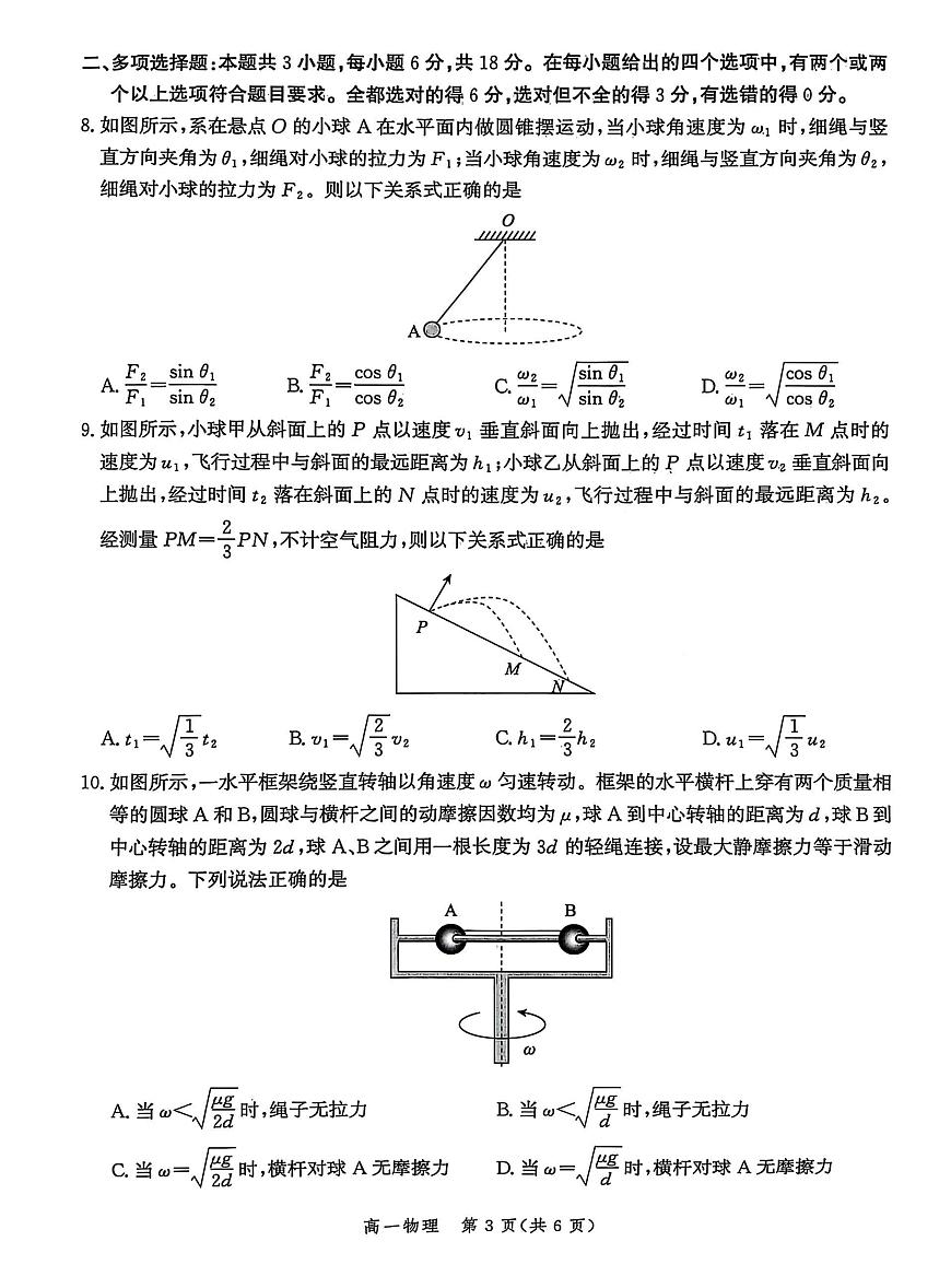 河北省省级示范高中联合测评2024-2025学年高一下学期3月月考物理试题（PDF版附解析）第3页