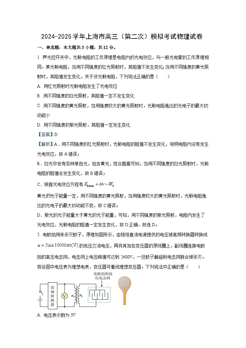上海市2024-2025学年高三下学期（第二次）模拟考试物理试题（解析版）第1页