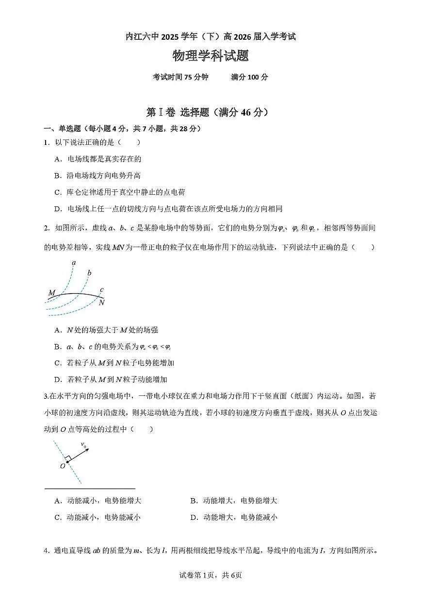 四川省内江市第六中学2024-2025学年高二下学期入学考试物理试题（含答案）第1页