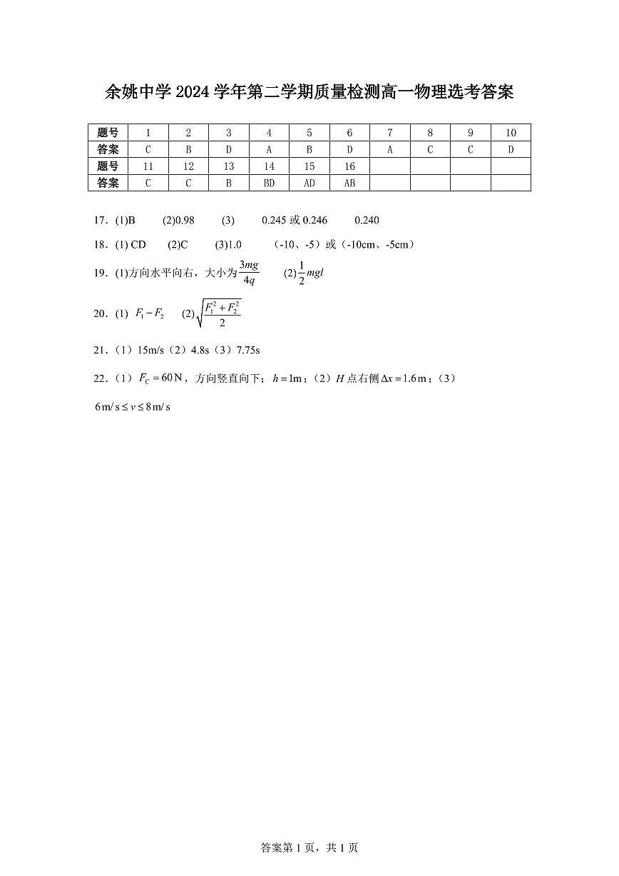 余姚中学2024学年第二学期质量检测高一选考物理答案第1页
