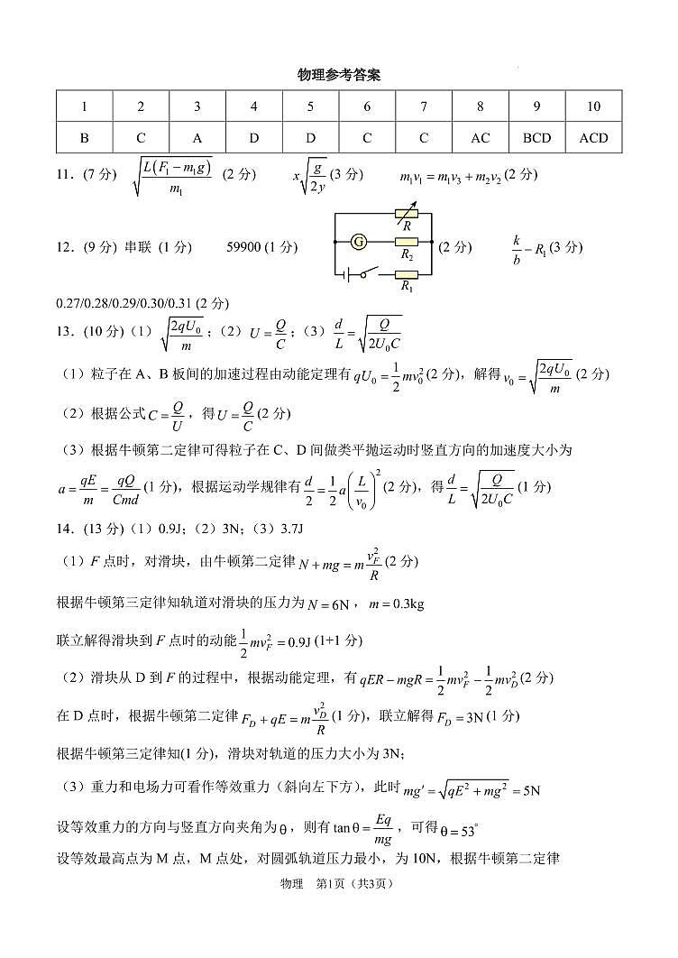 2025届西南大学附属中学高三11月检测物理答案（定稿）第1页