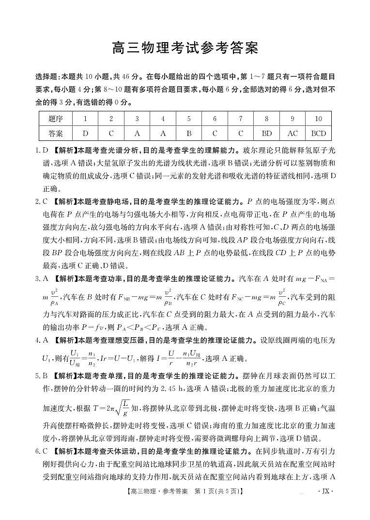 【物理DA】江西省2025届高三下学期3月百万大联考（金太阳25-4001C）第1页