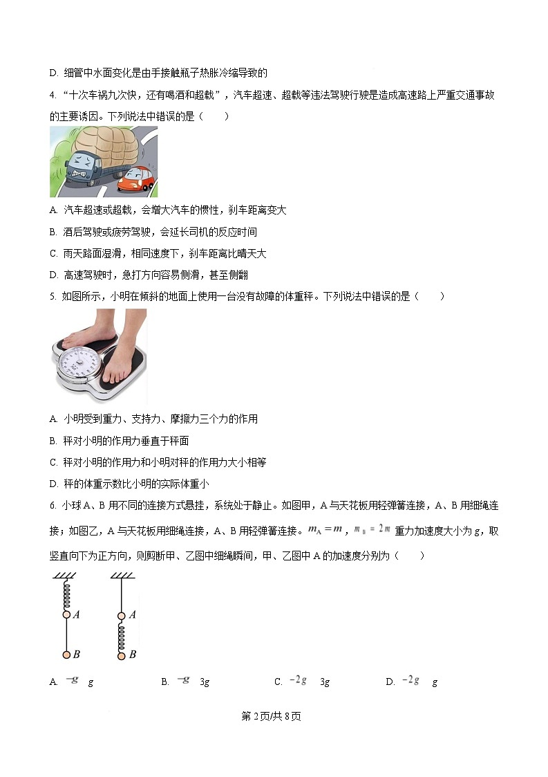 浙江省杭州第十四中学2024-2025学年高一上学期期末阶段性测试物理试卷  Word版无答案第2页