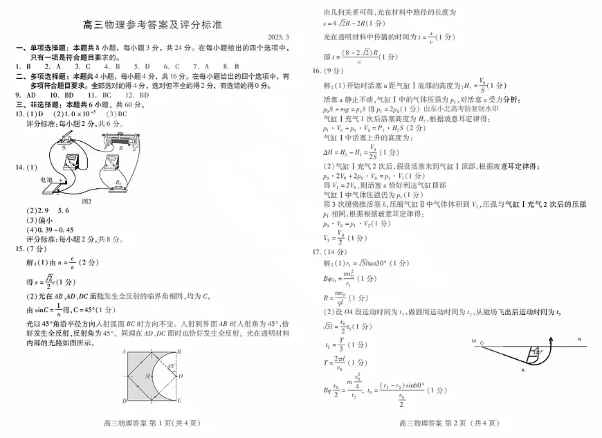 2025届山东潍坊高三下学期3月模拟考试物理答案第1页