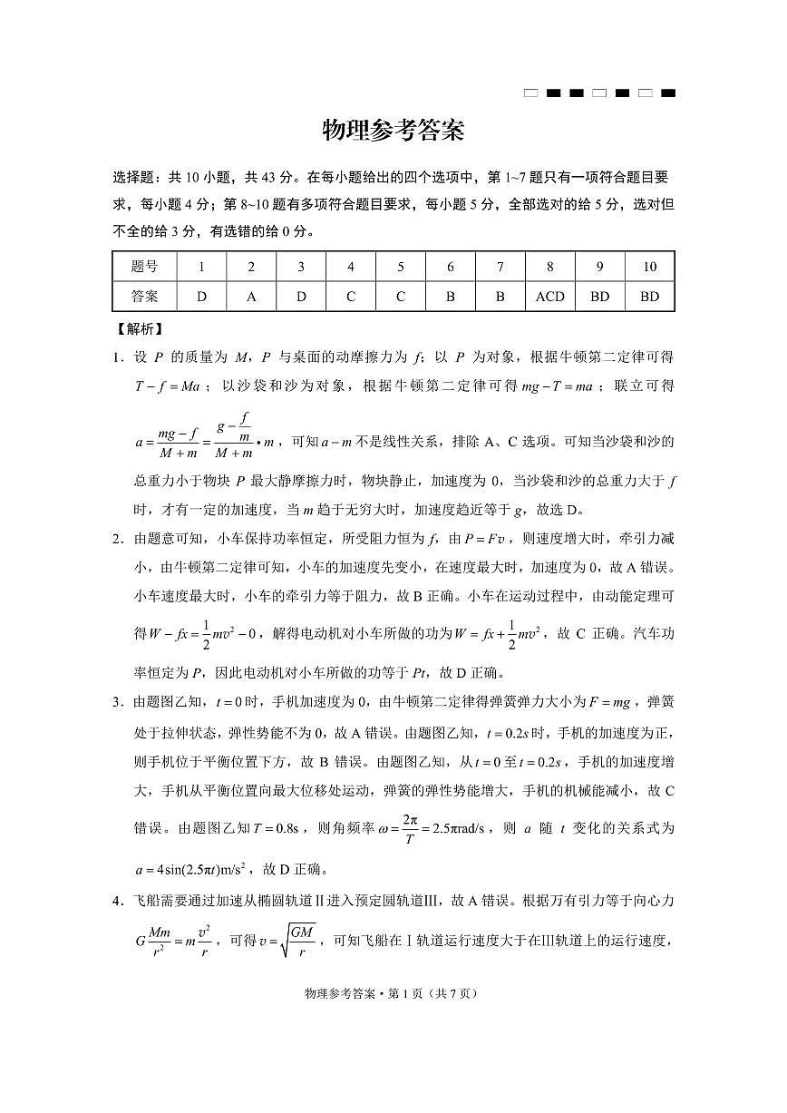 巴蜀中学2025届高考适应性月考卷（三）物理答案第1页
