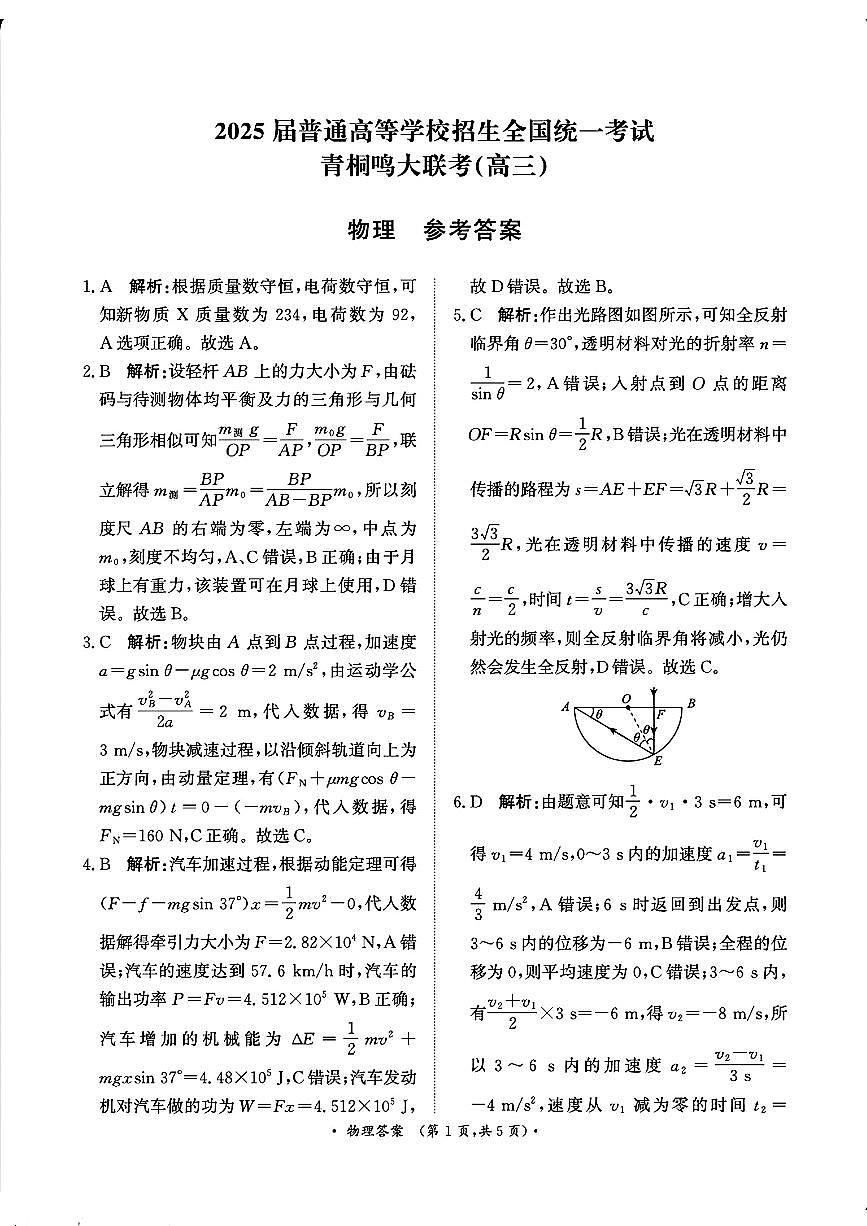 2025青桐鸣高三2月大联考物理答案第1页