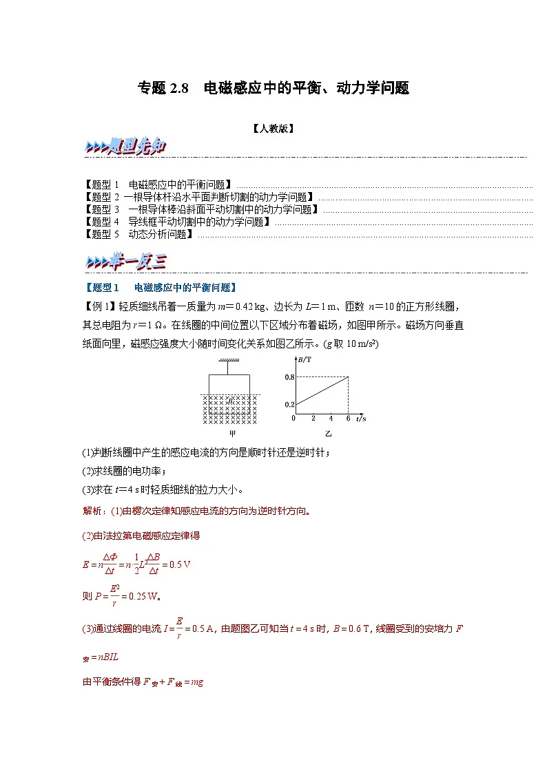 人教版高中物理(选修二)同步题型训练专题2.8 电磁感应中的平衡、动力学问题（解析版）第1页