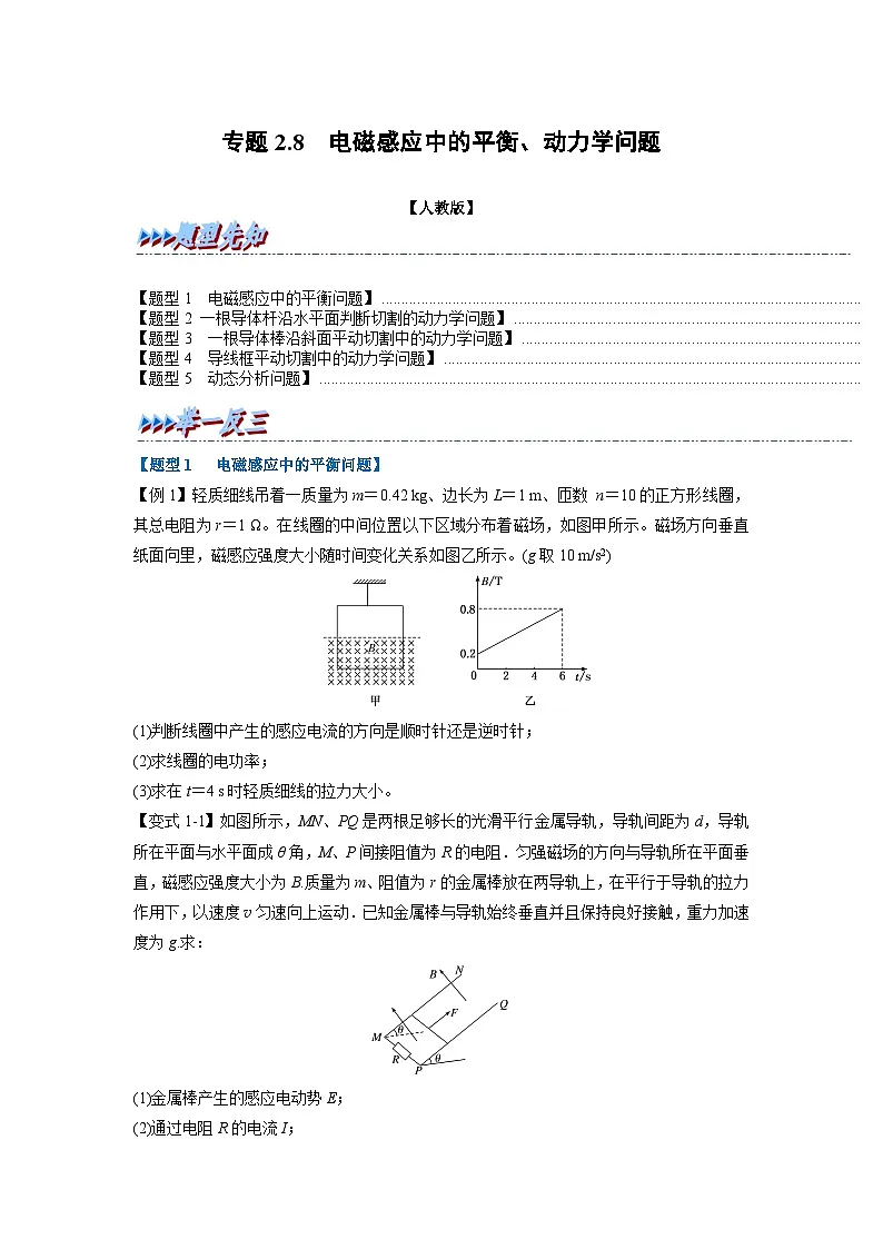 人教版高中物理(选修二)同步题型训练专题2.8 电磁感应中的平衡、动力学问题（学生版）第1页