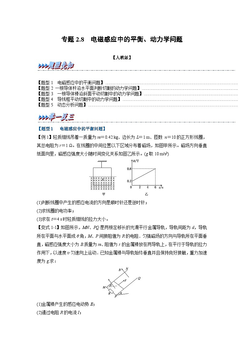 人教版高中物理(选修二)同步题型训练专题2.8 电磁感应中的平衡、动力学问题（学生版）第1页