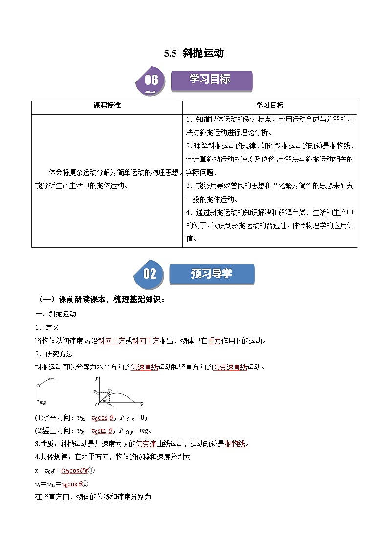 人教版高中物理(必修二)同步培优讲练5.5 斜抛运动（解析版）第1页
