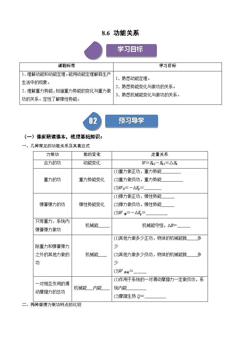 人教版高中物理(必修二)同步培优讲练8.6 功能关系（原卷版）第1页