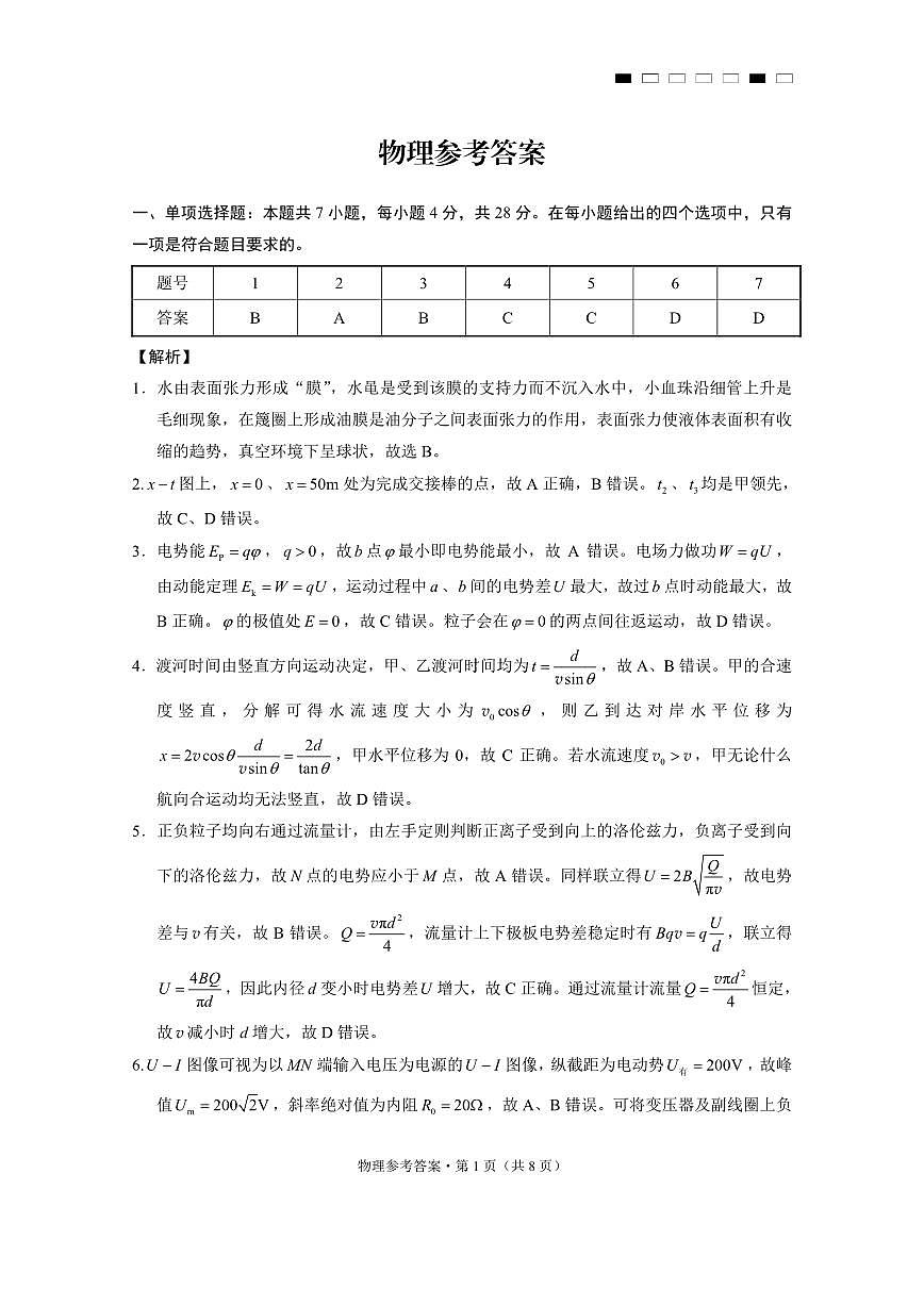 重庆市第八中学2025届高三3月适应性月考卷（六）物理答案第1页