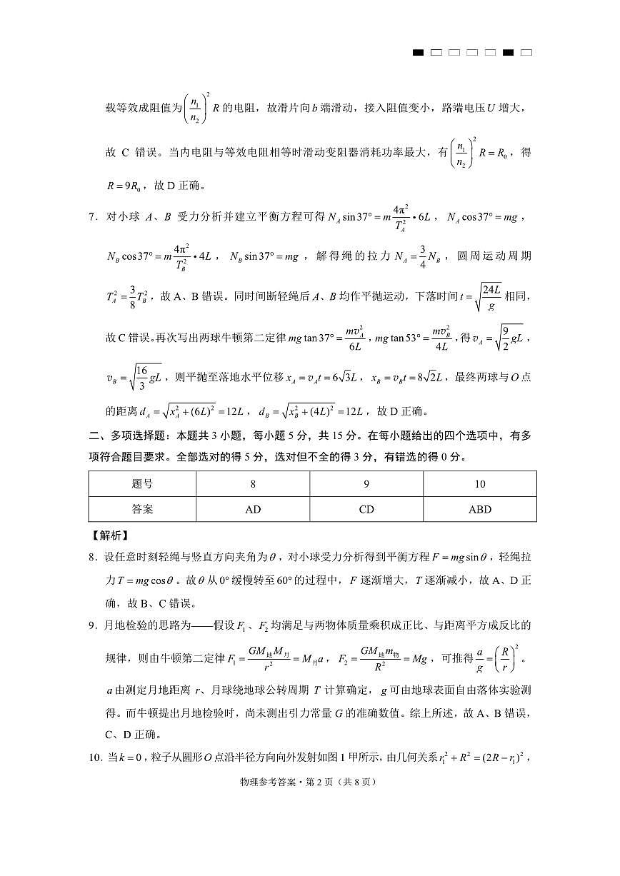 重庆市第八中学2025届高三3月适应性月考卷（六）物理答案第2页