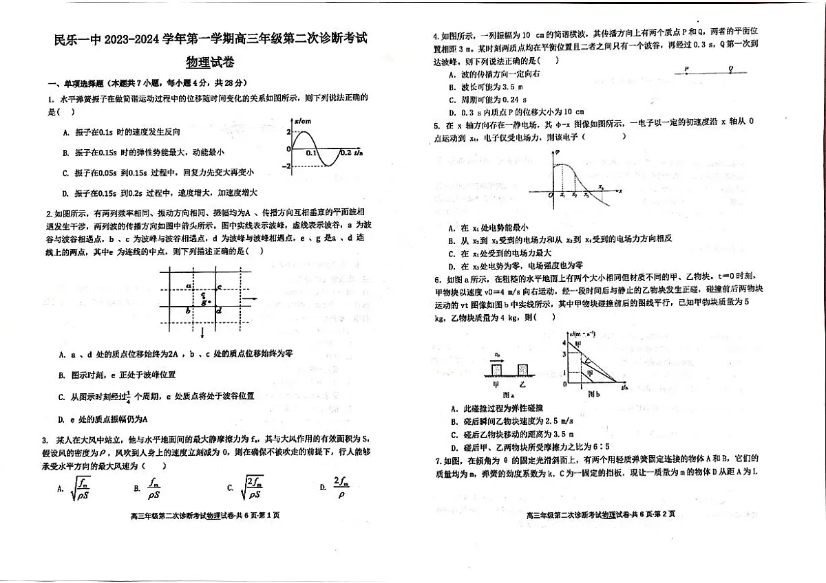 2024届甘肃省民乐县第一中学高三上学期第二次诊断试卷-物理试题（含答案）第1页
