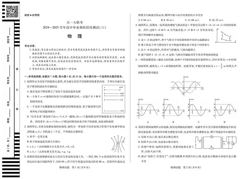河南省天一大联考2024-2025学年高中毕业班阶段性测试（六）物理（含答案）第1页