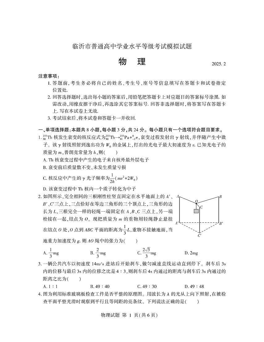 山东省临沂市2025年普通高等学校招生全国统一考试（模拟）（临沂一模）物理+答案第1页
