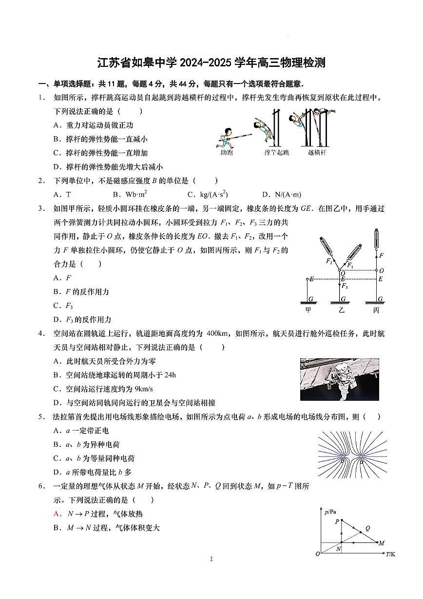 江苏南通如皋中学2025届高三下学期期初检测物理试题第1页