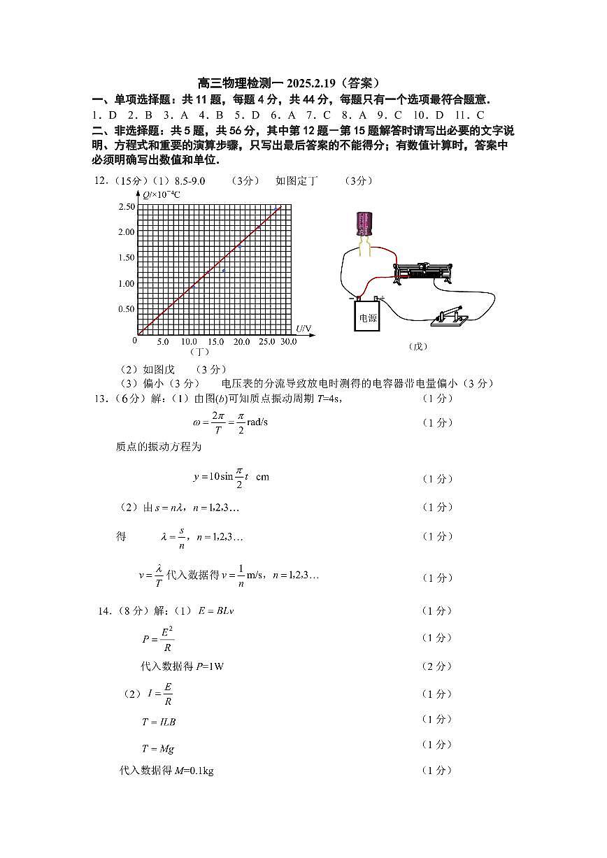 江苏南通如皋中学2025届高三下学期期初检测物理答案第1页