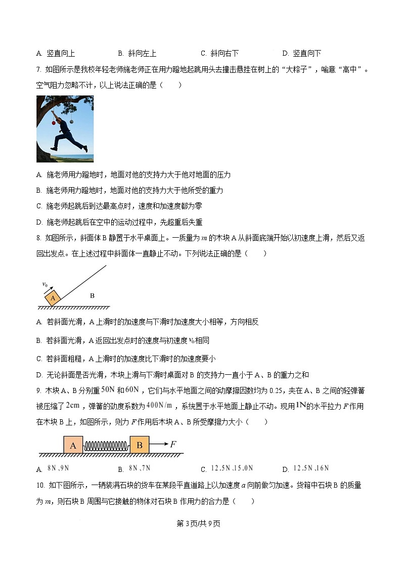 浙江省杭州市下沙区杭四吴山2024-2025学年高一上学期期末考物理试卷  Word版无答案第3页