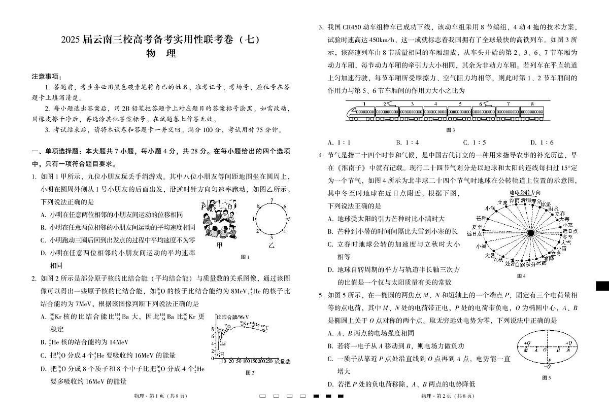云南省三校2025届高三下学期3月考高考备考实用性联考卷（七）-物理试题+答案第1页